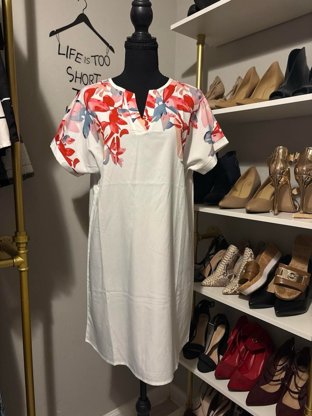 SHEIN White Midi Dress with Red and Light Blue Floral Yoke